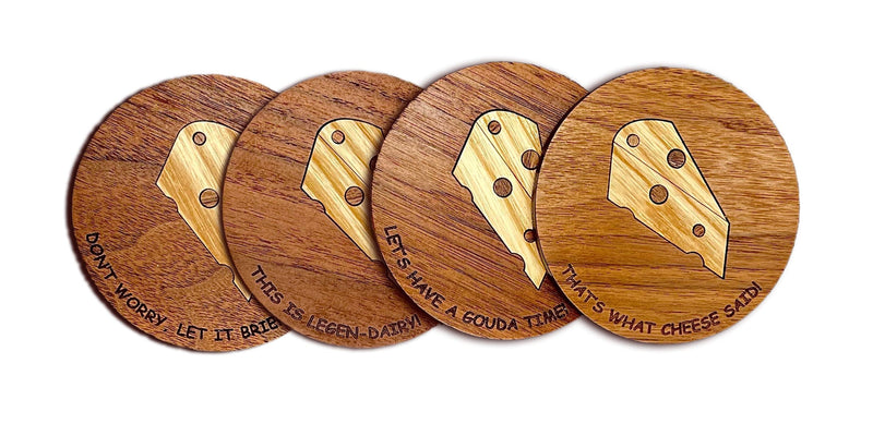 4 Pack | Handmade Walnut Coasters with CHEESY Puns| Limited Edition