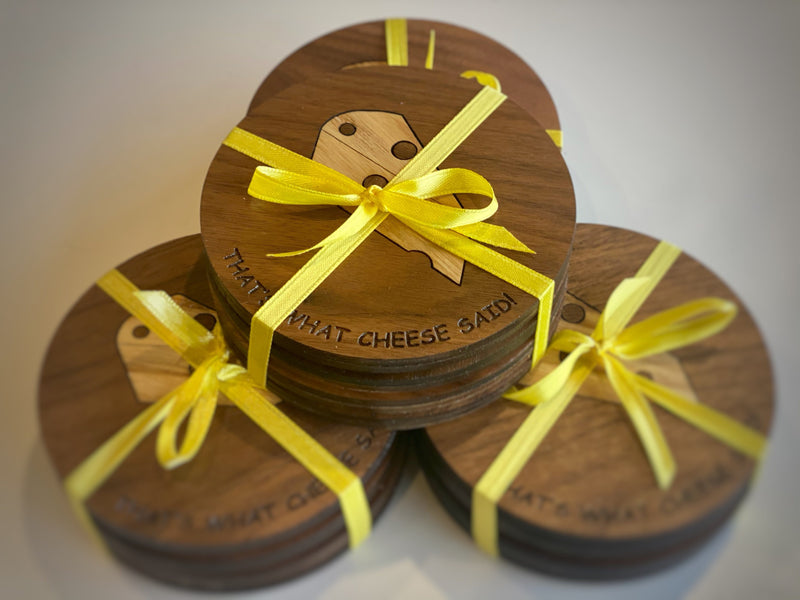 4 Pack | Handmade Walnut Coasters with CHEESY Puns| Limited Edition